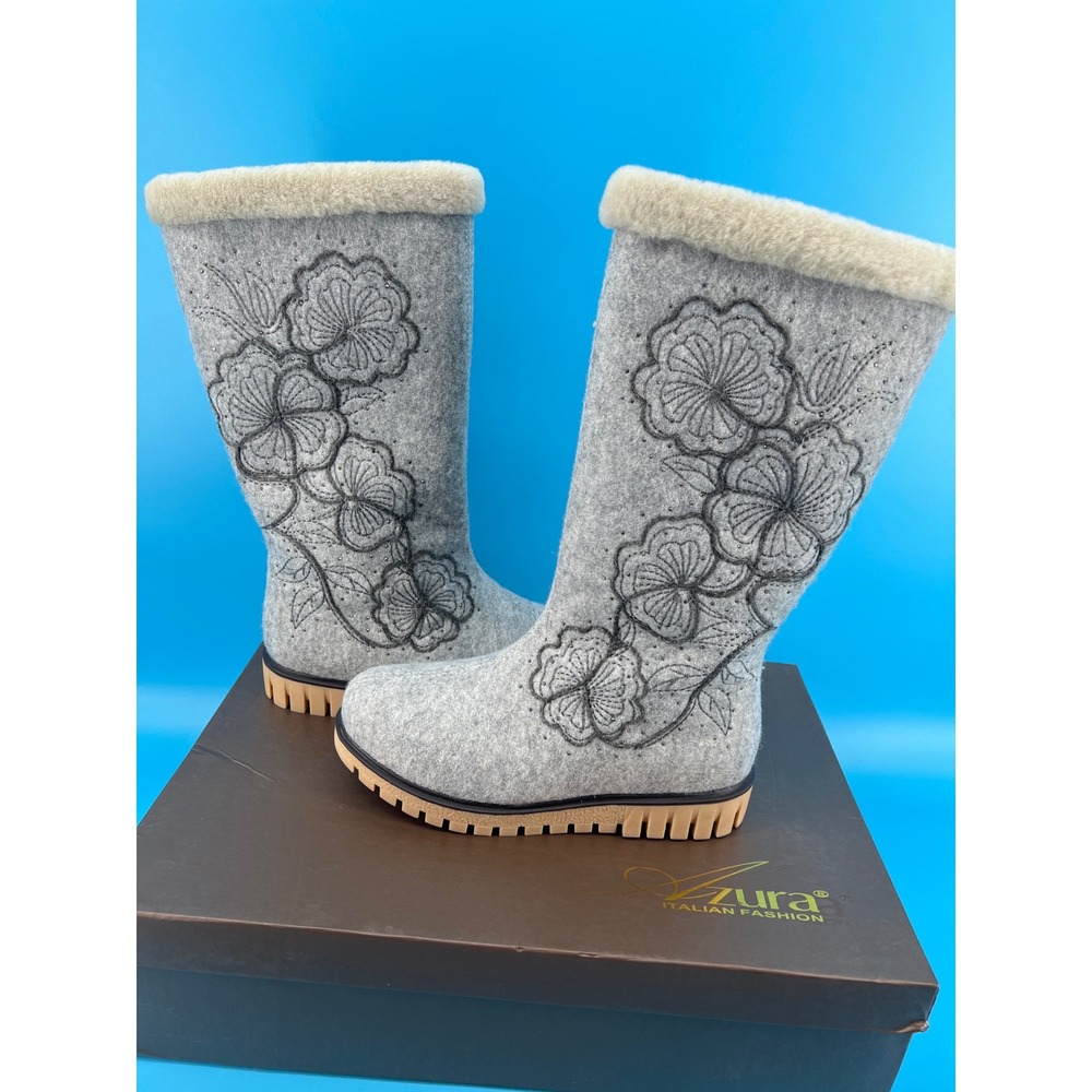 Azura Italian Fashion Jarria Grey Felted Wool Floral Embroidered Boots Size 8.5